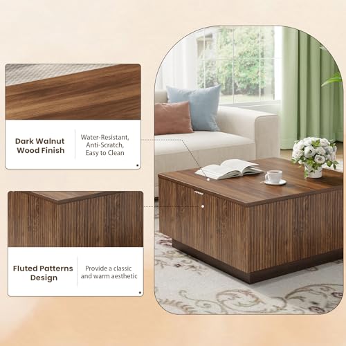 Lift Top Coffee Table, Farmhouse Square Fluted Center Table, 31" Modern Wooden Tea Table with Hidden Storage for Living Room, Apartment, Small Spaces, Brown Walnut