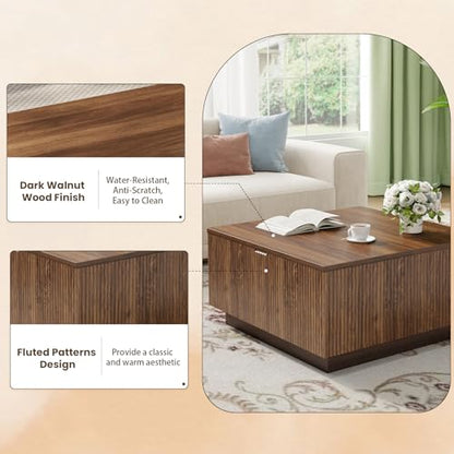 Lift Top Coffee Table, Farmhouse Square Fluted Center Table, 31" Modern Wooden Tea Table with Hidden Storage for Living Room, Apartment, Small Spaces, Brown Walnut