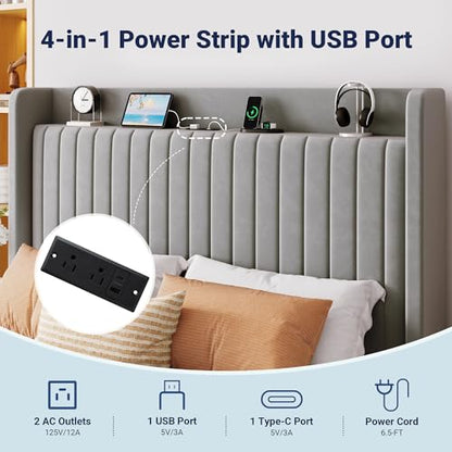 Queen Lift Up Storage Hydraulic Bed Frame,Charging Station,Grey, view 5