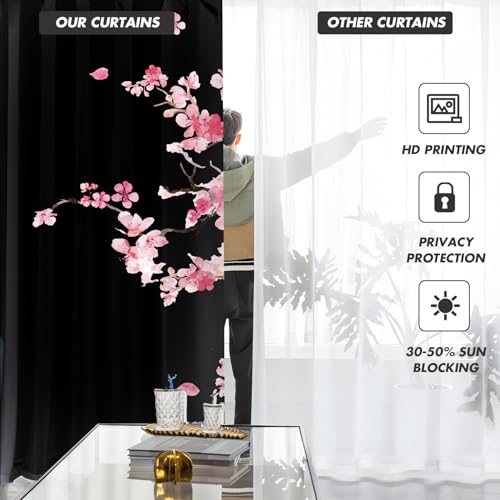 Pink Cherry Blossom Window Curtains 42" W x 63" L Black Floral Sakura Tree Japanese Anime Gothic Style Rod Pocket Drapes for Living Room Bedroom Fabric 2 Panels