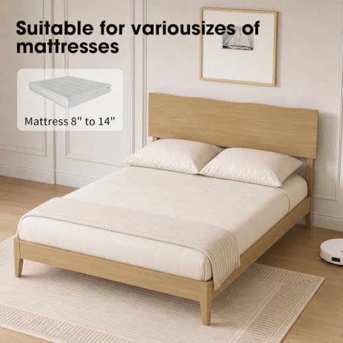 Queen Bed Frame with Wave Headboard, Solid Wood Legs, Oak, view 7