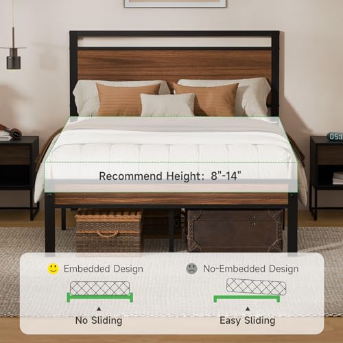 Full Metal Bed Frame&Wooden Headboard&Footboard,No Box Spring,Walnut, view 5
