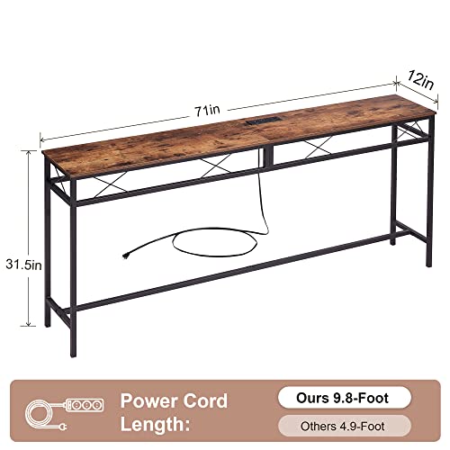 71In Extra Long Narrow Sofa/Console Table with Charging Station & Power Outlet and USB Ports, for Entryway, Living Room, Office, Industrial, Rustic Brown