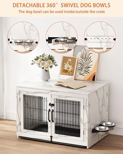 Wooden Dog Crate Furniture with 360°Rotatable Removable Dog Bowls, view 5