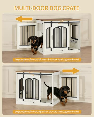 31.5 in Dog Crate Furniture Indoor Dog Kennel with 2 Feeding Bowls, view 6