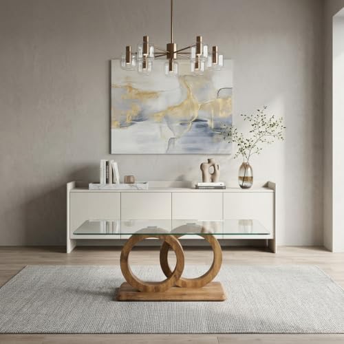 Glass Coffee Table for Living Room, Modern Tempered Glass Tabletop and MDF Legs, Small Modern Coffee Table. (Natural, Style 1)