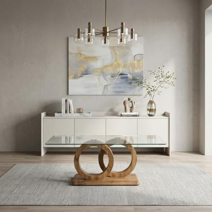 Glass Coffee Table for Living Room, Modern Tempered Glass Tabletop and MDF Legs, Small Modern Coffee Table. (Natural, Style 1)