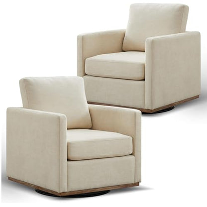 Swivel Accent Chair Set of 2, 360 Degree Square Swivel Chair for Living Room, Mid Century Modern Upholstered Barrel Chair,Comfy Sofa Armchairs for Bedroom,Nursery,Chenille, Beige