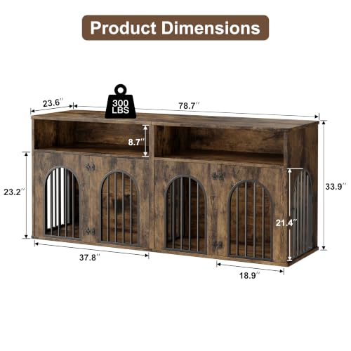 78.7" Double Dog Crate Furniture, Dog Kennel with Storage, Brown, view 3