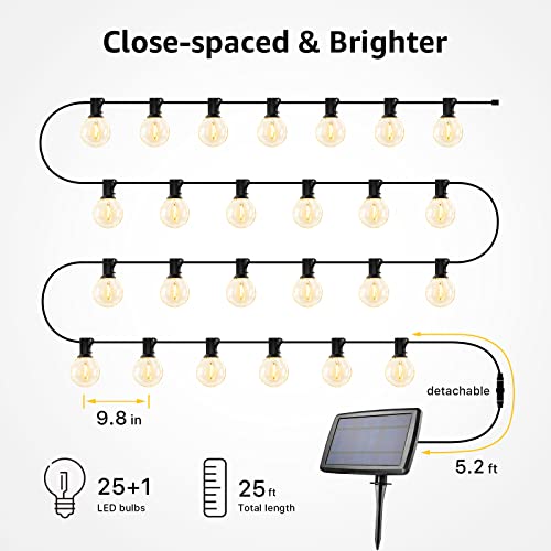 Solar Outdoor String Lights Patio Bistro Lights, 25ft 26 LED G40 Bulbs, USB Rechargeable Portable Edison Café String Lights for Porch, Pergola, Backyard, Garden, Pool, Party, Camping, 3600mAh