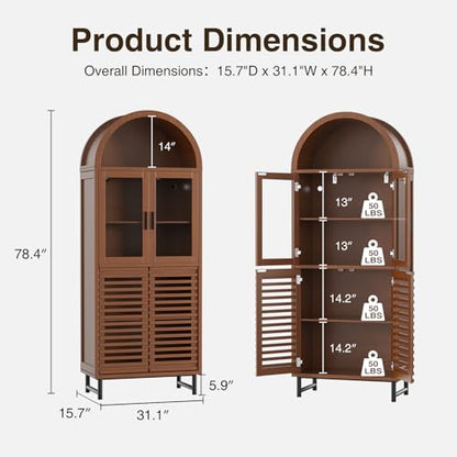 Kitchen Pantry Cabinet with Glass Doors - Arched Design, Metal U Legs, Artistic Slatted Door, Adjustable Shelves, 78.4" Curved Storage Cabinet for Kitchen, Dining Room