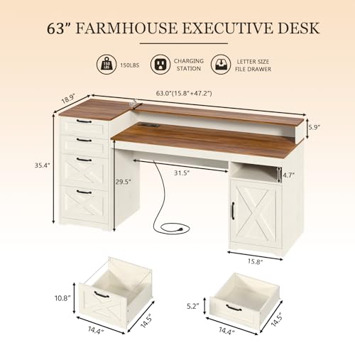 63" Farmhouse Computer Desk with 4 Drawers for Home Office, Bedroom, view 3