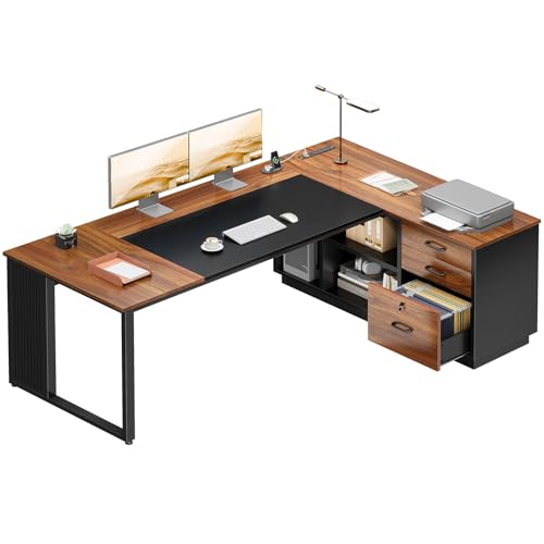 71 Inch L Shaped Executive Desk with Storage, Walnut+ Black, view 2