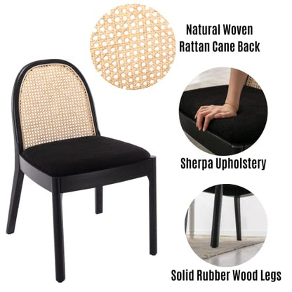 Modern Sherpa Dining Chairs Set of 6, Natural Woven Rattan Cane Back Side Chairs with Solid Wood Legs Mid Century Dinner Chairs for Kitchen Living Room, Black