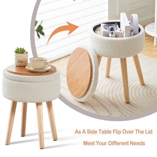 Storage Ottoman Foot Stool Teddy Velvet Round Vanity Stool Tray Top Footstool with Wood Legs Upholstered Foot Rest Ottoman for Living Room, Bathroom, Makeup (White)