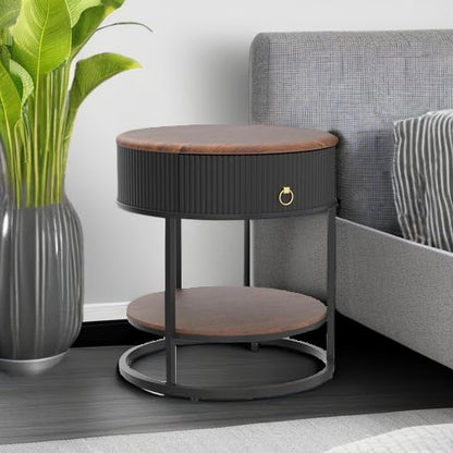 Round End Table with Drawer, Wood Grain Bedside Table, Brown and Black | 2-Tier Nightstand with Drawer, Side Table, Shelf, MDF Board, PVC, Metal Frame, Living Room, Bedroom, office