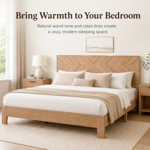 King Size Bed Frame with Headboard, Oak Color Platform Bed, Modern Design, view 4