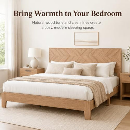 King Size Bed Frame with Headboard, Oak Color Platform Bed, Modern Design, view 4