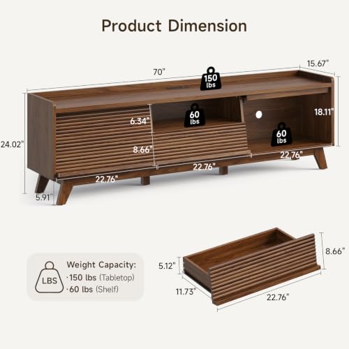 70" Mid-Century TV Stand for Living Room,Wood TV Console (24" H), view 3
