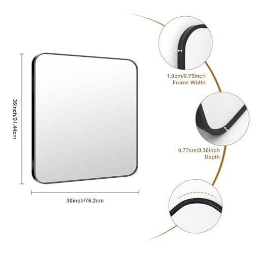 30x36 Inch Rectangle Bathroom Mirror with Black Metal Frame,Modern Design of Wall Mounted Upgraded Shatterproof Glass, Rounded Corners for Bedroom, Living Room, Entryway
