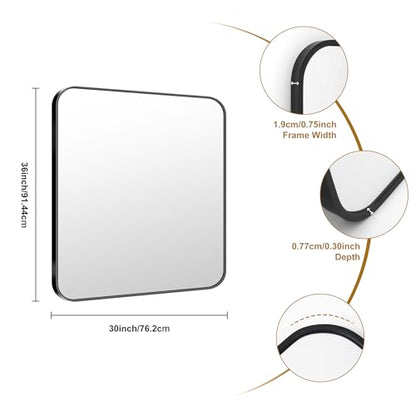 30x36 Inch Rectangle Bathroom Mirror with Black Metal Frame,Modern Design of Wall Mounted Upgraded Shatterproof Glass, Rounded Corners for Bedroom, Living Room, Entryway