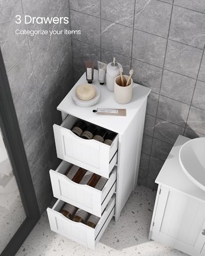 VASAGLE Floor Storage Cabinet, Freestanding Storage Unit with 3 Drawers, 11.8 x 12.6 x 31.9 Inches, for Bathroom, Living Room, Kitchen, Modern Style, Matte White UBBC050WH01S