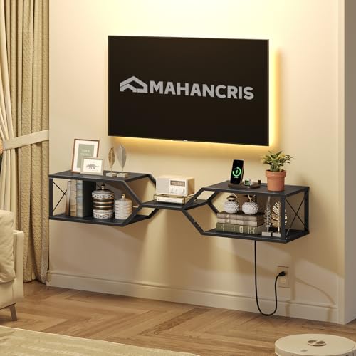Floating TV Stand with Power Outlet, Wall-Mounted TV Shelf with X-Shaped Frame, view 4