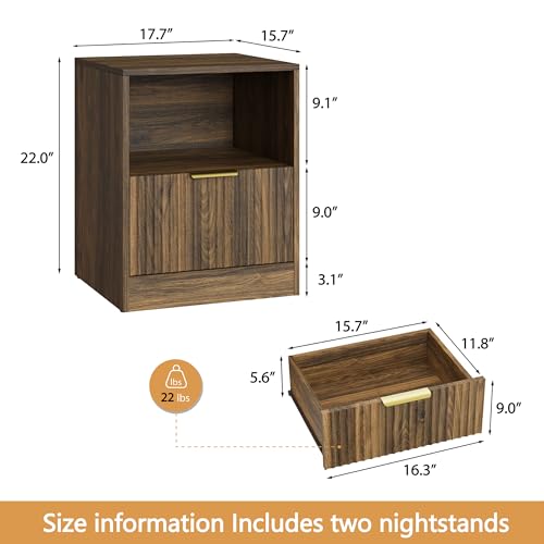 3-Piece Modern Bedroom Furniture Set, Wide 6-Drawer Dresser & 1-Drawer Nightstands Set of 2, Natural Wood Dresser and Nightstand Sets for Bedroom, Hallway, Walnut