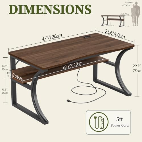 47 Inch Desk with Storage Shelf, One-Piece Desktop, Walnut, view 4