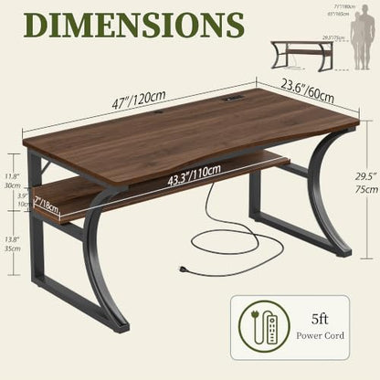 47 Inch Desk with Storage Shelf, One-Piece Desktop, Walnut, view 4
