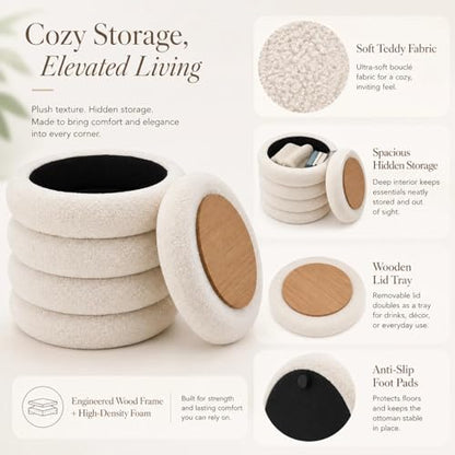Round Storage Ottoman, Modern Sherpa Footstool, Teddy Vanity Stool with Flip-Top Tray, Makeup Chair for Home Decor, Upholstered Footrest for Living Room & Bedroom (White)