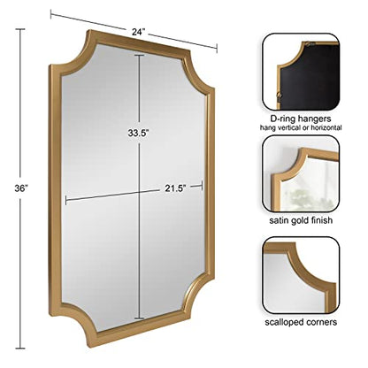 Hogan Wood Framed Wall Accent Mirror with Scalloped Corners, 24x36 Inches, Gold