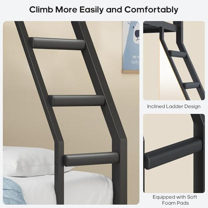 Full Over Full Bunk Beds with 4 Storage Drawers & Shelves & Bedside Caddy, Bunk Bed with Charging Station & LED Lights, Full Size Bunk Bed with Safety Guardrail & Angled Ladder, Black & Grey