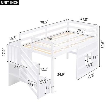Twin Size Loft Bed with Storage Staircase, Window, LED Light, White