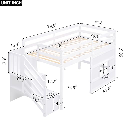 Twin Size Loft Bed with Storage Staircase, Window, LED Light, White