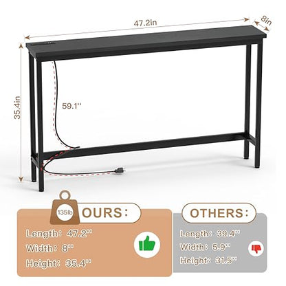 Charging Console Table with Outlet 36 Inch Tall Narrow Sofa Table One-Piece Top Behind Couch Table 2 USB 2 AC for Entryway Hallway, Living Room, Black