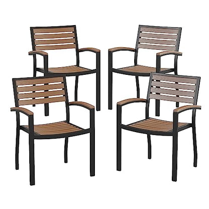 Stackable Aluminum Patio Chair - All-Weather Black Framed Side Chair with Faux Teak Slats - Commercial Grade - Set of 4