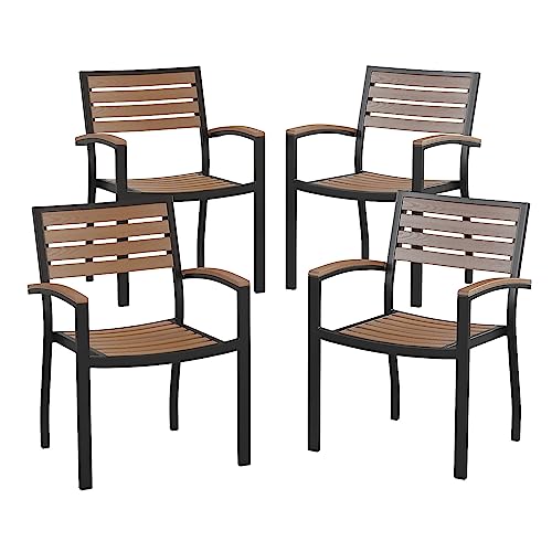 Stackable Aluminum Patio Chair - All-Weather Black Framed Side Chair with Faux Teak Slats - Commercial Grade - Set of 4