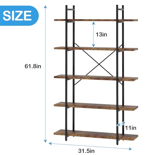 5 Tiers Bookshelf Organizer Industrial Shelf,Modern Open Display Storage Bookcase,Rustic Brown and Metal Bookshelf Standing Storage Shelf Tall Shelving Units for Home Office Study.