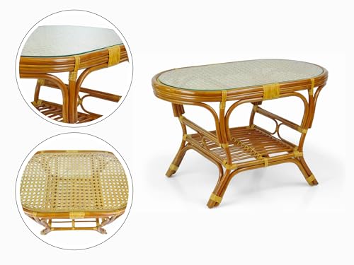 Malibu Lounge Set of 4: 2 Natural Rattan Wicker Chairs, Three-Seater Sofa with Cushions, and Coffee Table with Glass Handmade, Colonial Color