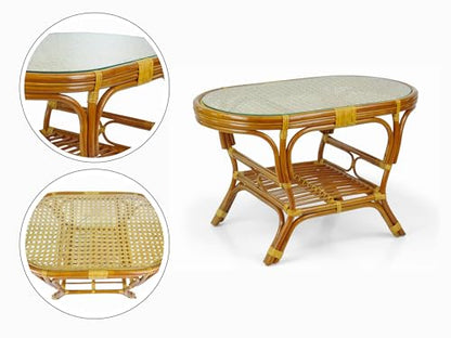 Malibu Lounge Set of 4: 2 Natural Rattan Wicker Chairs, Three-Seater Sofa with Cushions, and Coffee Table with Glass Handmade, Colonial Color