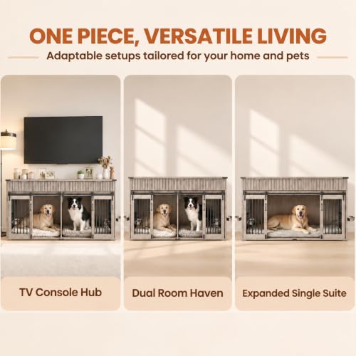 71" Double Dog Crate Furniture, Gray Oak Furniture Crate with Divider, view 6