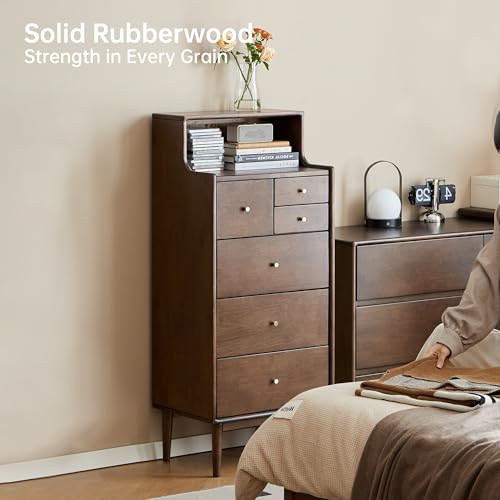 Solid Wood Nightstand, 6 Drawer with Open Shelve, view 7