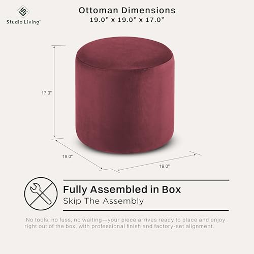 ® 19” Wentworth Ottoman Round Soft Velvet Bench, Stationary Ottomans, Backless Chair, Footrest for Living Room, Footstool Office, Bedroom, Padded Seat, Plum