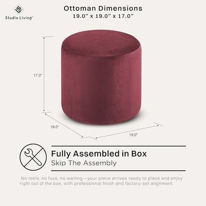 ® 19” Wentworth Ottoman Round Soft Velvet Bench, Stationary Ottomans, Backless Chair, Footrest for Living Room, Footstool Office, Bedroom, Padded Seat, Plum