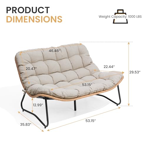 Outdoor Loveseat, 2 Seater Outdoor Couch with Soft Cushion, All-Weather Boho Rattan Patio Furniture for Balcony, Poolside, Backyard, Porch (Beige)