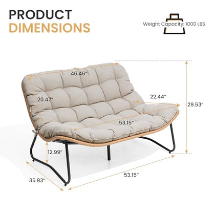 Outdoor Loveseat, 2 Seater Outdoor Couch with Soft Cushion, All-Weather Boho Rattan Patio Furniture for Balcony, Poolside, Backyard, Porch (Beige)