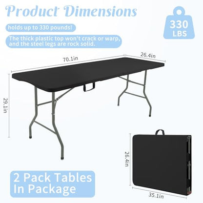 2 Pack 6 Feet Portable Folding Table Black, Steel Legs Fold-in-Half with Carrying Handle Rectangular Plastic Foldable Table for Party, Wedding, Camping, Picnic, Dining, Indoor Outdoor Events