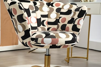 Comfy Home Office Task Chair with Wheels, Cute Modern Upholstered Velvet Seashell Back Adjustable Swivel Vanity Desk Chair, for Women,for Girls, Living Room, Bedroom（Geometric Figure