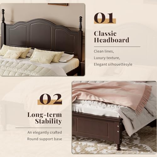 Dark Walnut Wood Bed Frame Queen Size with Wave Shaped Headboard, view 4
